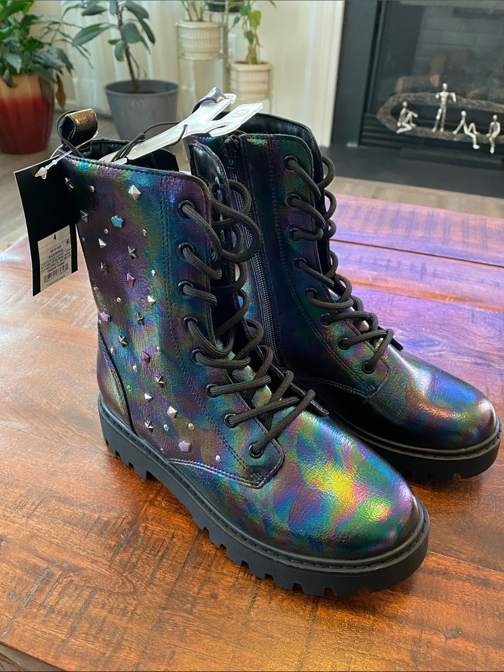 art class Iridescent Rainbow Combat Boots with Stud Accents